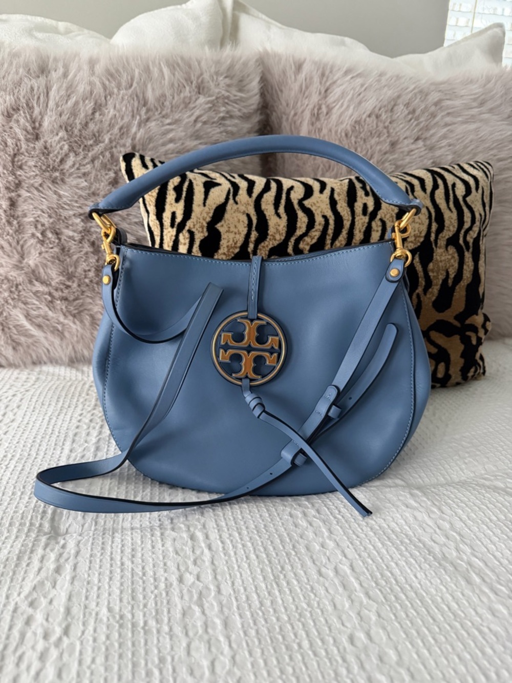 Tory Burch Dusty Blue Leather Shoulder Bag with Gold Logo Charm
